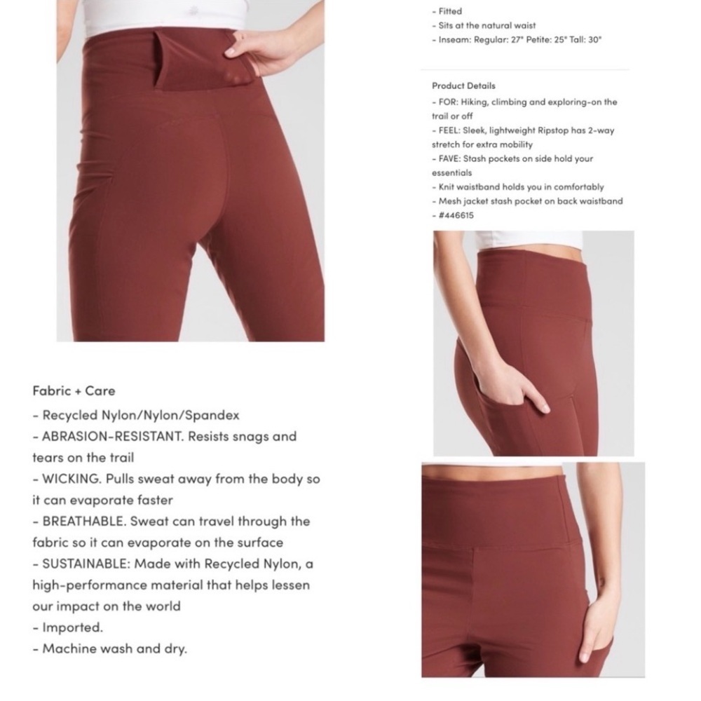 ATHLETA Trekkie Hybrid Crop Tight Pants High Rise Leggings Cognac Brown Size 4 - Picture 15 of 16